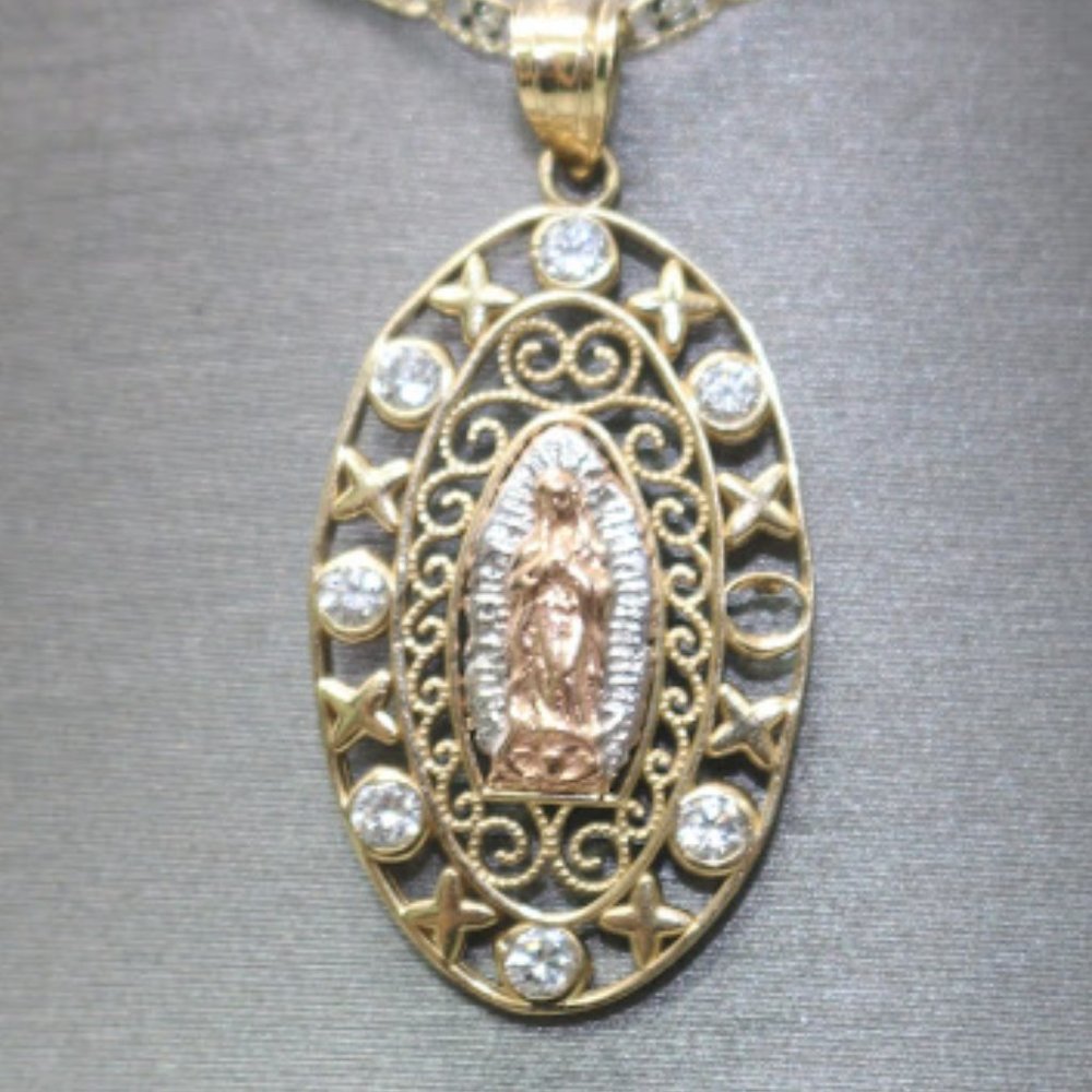 14kt Tri-tone Virgin Mary Engraved Pendant with 14kt Tri-tone Hollow Trace Chain